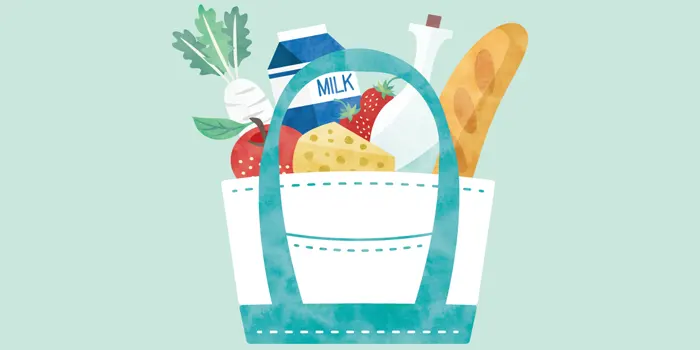 買い物バッグと材料が入っているイラスト