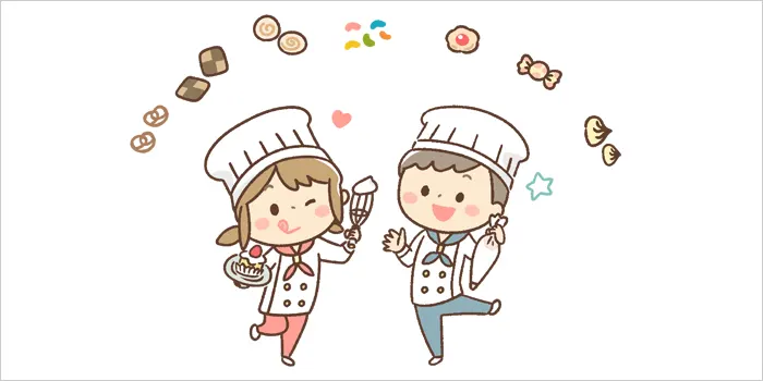 スイーツを作っている男女のイラスト