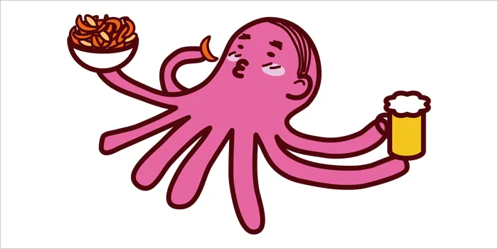 おつまみを食べながらお酒を飲んでいるタコのイラスト
