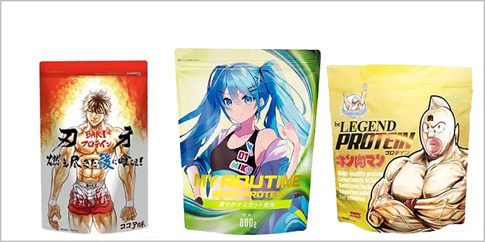 ドンキで買えるコラボプロテインを並べている