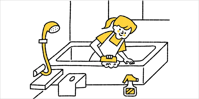 風呂場を掃除している女性のイラスト
